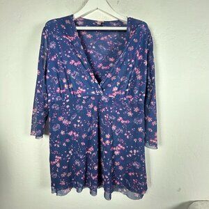 Sweet Pea By Stacy Frati Womens Floral V-Neck 3/4 Sleeve Tunic Top Blue Purple